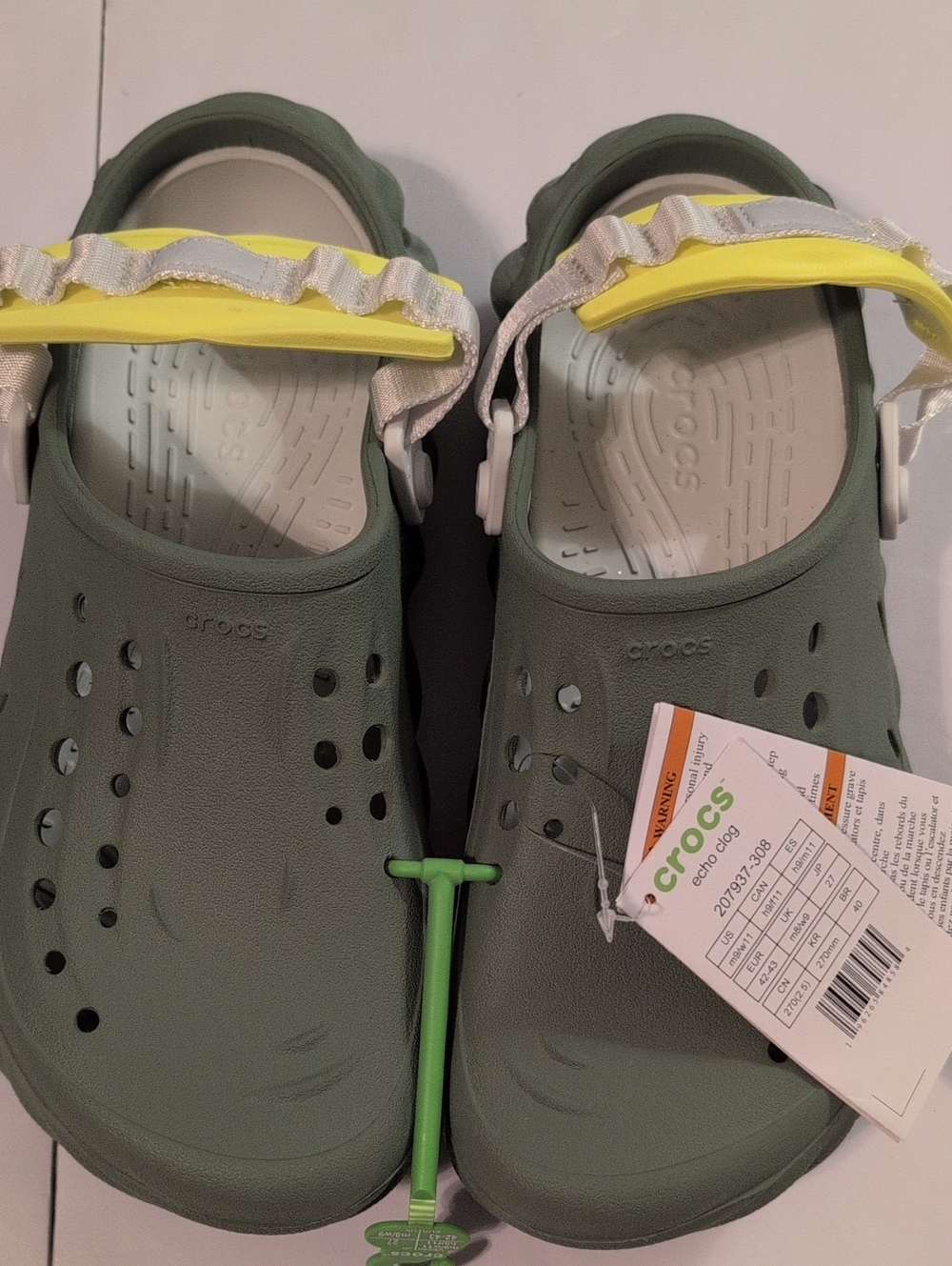 CROCS Men's Olive Green Clog Sandals with Yellow Strap Accents Sz M9 W11